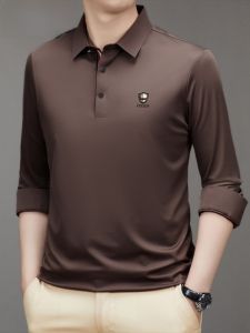 HENGYUANXIANG | Hengyuanxiang Mens Polo Shirt Long Sleeve Silk Blend Casual Contrast Collar T-Shirt Autumn New Style Business Casual Fashion