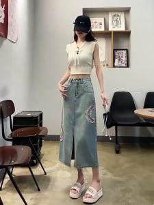 225New Chinese Style Embroidered Denim Midi Skirt Women Summer Mid-Length High Waist Slimming Front Slit Long Skirt