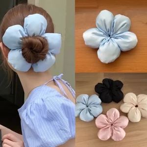 Korean Oversized Blue Flower Scrunchie Headdress Women Girls Trendy Design Rubber Elastic Hair Band Vacation Hair Accessories