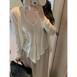 Elegant Womens Two-Piece Set Slim Fit Cardigan Neck Hanging Vest Cover up Belly Autumn Fashion Casual Cotton Long Sleeve V-Neck