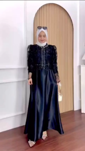 Dress Wanita Pesta Kondangan Full Brukat Outher Terpisah 2in1Series Burgundy Mahogany LD 110cm Sakura Dress Model Bridesmaid Bahan Silk Premium Mix brukat Aplikasi Payet Mutiara kekinian Gamis ibu Hajat Brukat Mewah Fashion Muslimah Ukuran M L XL XXL