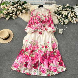 Elegant Floral Print Slim Fit Long French Style Bubble Sleeve Dress Womens Spring Fashion High Waist A-Line Skirt Commute