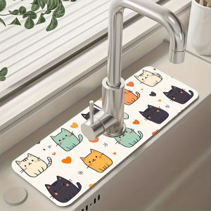 VIKAMA Macaron-Colored Cat-Print Sink Splash Mat | Kitchen Faucet Drain Mat | Cute Japanese-Style Countertop Drain Mat