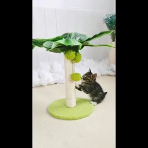 Cat Scratching Post Wood Wear Resistant Sisal Green Leaves Cat Scratch Pillar Play Bed Toy Creative Simulation Tree with Plush Ball Kucing