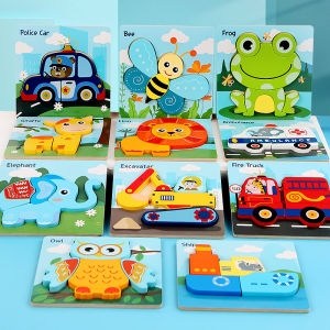 3D Wooden Puzzle Educational Early Learning Toy for Toddlers 1-2-3 Years Old Brain Teaser Boys Girls Cartoon Design