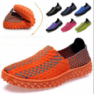 Summer Breathable Men Women Slip-On Elastic Closure Woven Flat Rubber Soled Round Toe Casual Loafers Lightweight Rubber