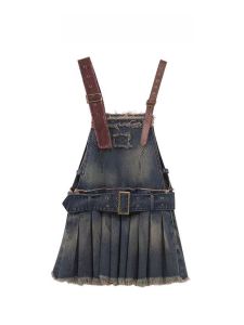 Retro American เดนิม Halter เดรส ผู้หญิง ฤดูร้อน ใหม่ ดีไซน์ Washed Faded Gauze กระโปรง สั้น เดรส สไตล์การเดินทาง ไม่มีแบรนด์