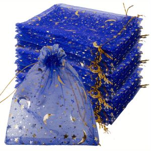 50PCS Blue Moon Stars Drawstring Organza Bags Jewelry Gift Bags Pouches Gold Star Organza Favor Pouches for Christmas Wedding