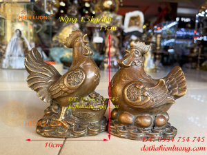 Cặp gà trống mái chữ Phúc bằng đồng phong thủy cao 12cm ngang 10cm nặng 1.5kg/đôi