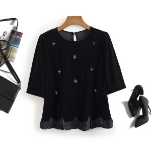 เสื้อเชิ้ตผู้หญิงผ้ากำมะหยี่สไตล์ฝรั่งเศสย้อนยุค ดีไซน์ปักลูกปัด แขนยาว คอกลม กระดุมแถวเดียว ทรงหลวม ฤดูใบไม้ร่วง