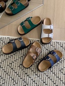 Summer Fashion Ladies Beach Slippers Thick Heel Heightening Double Band Square Buckle Casual Wear-outer Home Slippers