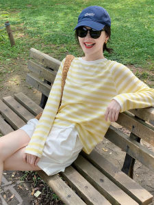 Yellow Stripe T-Shirt for Women Ice Silk Shirt Breathable Loose Leisure Outerwear Sun Protection