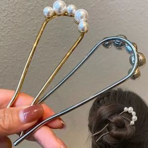 2Pcs Fashion Metal U-Shaped Hair Stick for Women Girls Simple Pearl Hair Clip Pins Bun Maker Hairstyle Tools Hair Accessories