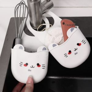 2pcs แขวนอ่างล้างจานอ่างล้างจานตะกร้าการ์ตูนแมวก๊อกน้ำชั้นวางของซิลิโคนที่เก็บตะกร้าแขวน