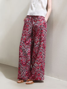 Miccbeirn | Retro Ethnic Print Casual Wide Leg Pants Elastic Waist Belted Slimming Fashionable Loose Straight Cut Trousers