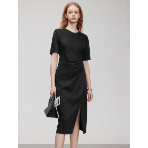 Modern French ELLE Womens Slim Fit Lin Dress Summer New Style Rayon Long Dress Elegant Straight Tube Dress Short Sleeve