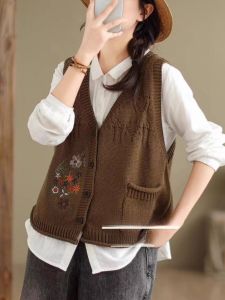 Retro Artistic Cotton Thread Embroidery Vest Spring New Style V-neck Knitted Short Loose Slimming Womens Fashion Jacket