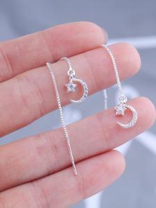 S925 Sterling Silver Long Dangle Earrings Star Moon Asymmetrical Elegant Simple Womens Fashion Jewelry Gift