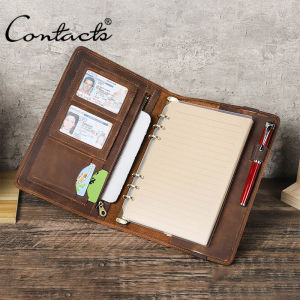CONTACTS Genuine Leather Handmade A4/A5 Notebook Cover with Ring Binder Family File Folio With Card Holder Pen Holder ﻿Notebook Cover