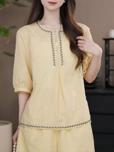 Shalldoer | Bohemian Embroidered Cotton Linen Set Women Summer Vintage Artistic Sleeveless Shirt Shorts Linen Two-piece Set Round Neck