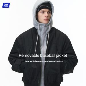 INFLATION Brand Detachable Fake Two Piece Baseball Jacket 2025 Winter New Product Cleanfit Hooded Jacket for Men