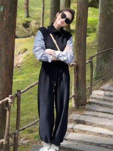 Korean Style Womens Spring New Plaid Patchwork High Waist Wide Leg Casual Pants Two-Piece Set Fashionable Ensemble