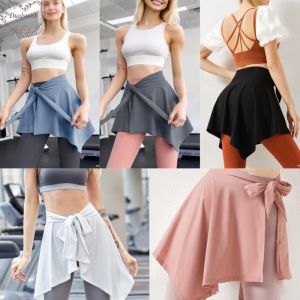 กระโปรงโยคะกีฬาผู้หญิงยาวครึ่งชิ้นฟิตเนสโยคะยิมดีไซน์ลูกไม้ขยายกระโปรงตาข่ายเล่นกีฬากลางแจ้งคลุมสะโพก