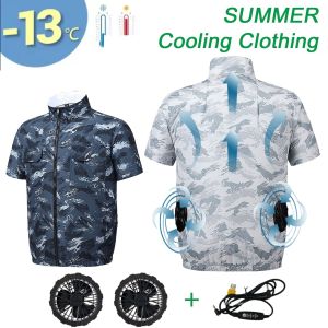 Cooling Fan Vest Mens Fan Jacket USB Refrigeration Air Conditioning Clothing Outdoor Heat Protection Fishing Work Short Sleeve