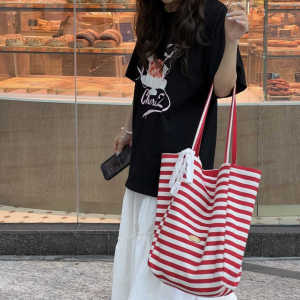 Summer 2024 New Arrival: Korean Style Red Stripes Double-Sided Canvas Bag Tote Student Large Capacity Shopping Bag