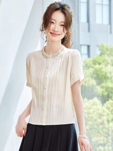 WANGGONGZHU | เสื้อเชิ้ตผู้หญิงผ้าไหมคอโปโลแขนสั้นสไตล์ฝรั่งเศสฤดูร้อน 2025 ทรงหลวม สไตล์ทำงาน ปกติ ไม่มีซิป