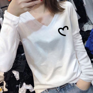 Womens Loose Long Sleeve T-Shirt V-Neck Cotton Base Shirt White Versatile Inner Wear Top Fall 2023 New Arrival Commute Style