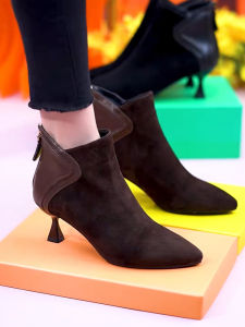 Sheep Suede High Heels Womens Thin Heel Autumn Winter New Pointed Toe Fleece Short Boot Low Heel Fashionable Business Boots