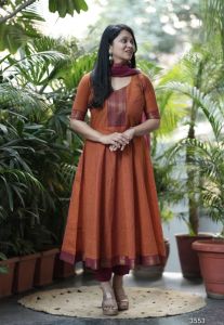South Cotton Anarkali kurti with mulmul Cotton lining till choli & south cotton pants & duppatta self thread self weaving temple border Dress for women 3 Piece Kurti Set for Women