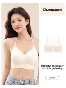Miiow |  Invisible Seamless Womens Underwear U-Back Gathered Small Chest Fixed Strap Bra One-Piece Hanging Neck Strap Summer Style