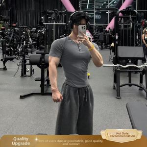 OUMULONG | Slimming Sleeve Henley Neck Summer Broad-shouldered Fitness T-shirt