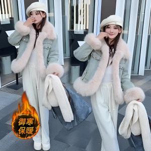 Retro Denim Patchwork Fur down Cotton Jacket Womens Winter New Loose Fashion Short Parka Coat Trendy Chinese Brand Free Shipping