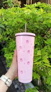 Ly Giữ Nhiệt Inox Hình Gấu Dâu 750Ml Kèm Ống Hút Inox 21.5X10Cm