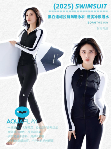 AquaPlay Swimsuit Women Sports Swimwear Fitness Black and White Sleeves Swimsuit Beach Rash Guard Long Sleeve Surfing Clothes Diving