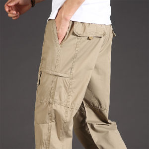 Classic Man Casual Cargo Pants Zipper Pockets Big and Tall Sports Outdoor Outfits Khaki Grey Mens Trousers