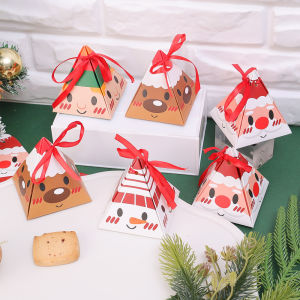 【On Sale】10Pcs Christmas Party Gift Candy Box with Ribbon Xmas Gift Triangle Packaging Box