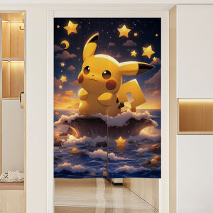 Cartoon Pikachu Childrens Room Door Curtain Partition Blind No Punching Half-length Bedroom Door Curtain Custom Width Cotton Linen