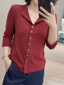 SUOXIMENG | Large Size Red Lace Single Button Pure Color Womens Top Fashionable Vintage Autumn New Style Moisture Wicking Long Sleeve