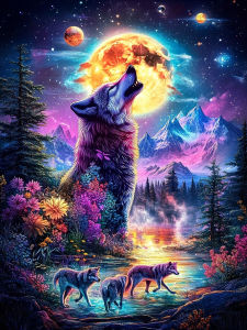 Huacan Full Square Round Diamond Painting Wolf Moon Diamond Mosaic Animal Landscape New Collection 2026 Home Decoration