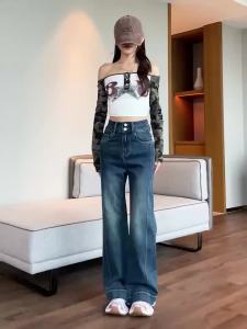 Quần Jeans Ống Loe Phối Màu Phong Cách Y2K Cạp Cao Co Giãn Ôm Bụng Dáng Suông Cúc Đôi Thời Trang Thường Ngày Dành Cho Nữ
