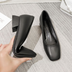 Chunky Heel Square Toe Shoes Professional Womens Shoe Low Heel Work Shoes Female Black Soft End Work Clothing Bank Stewardess Work Leather Shoes