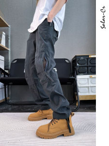 กางเกงทำงานผู้ชาย ทรงหลวม ระบายอากาศได้ดี กางเกงขายาวผ้าขนแกะแบบมีซิป กางเกงขายาวทรงตรง ฤดูใบไม้ร่วง/ฤดูหนาว