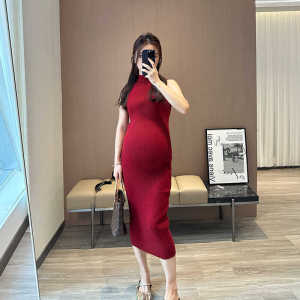 Red High Collar Sleeveless Knitted Dress WAWA Maternity Wear Bodycon Base Layer Skirt for Pregnant Women Autumn Winter