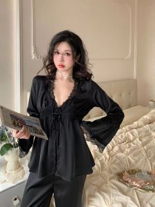 Palace Style Sweet Pure Desire Style Long Sleeve Spaghetti-Strap Long Sleeve Three-Piece Suit Spring and Autumn New Arrival Ice Silk Pajamas Women with Chest Pad