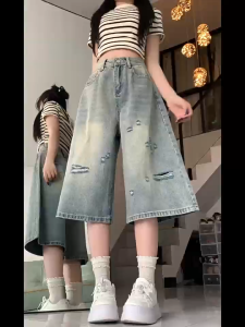 Muuv-It American Style Vintage Women Shorts Jean High Waisted Washed Wide Leg Denim Pants Woman Fashion Shorts
