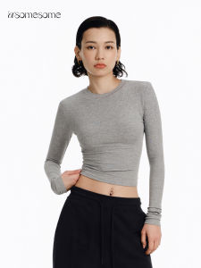 เสื้อยืดคอกลมแขนยาวสีขาวสีพื้นทรงเข้ารูปสไตล์อเมริกันสำหรับผู้หญิง เสื้อชั้นในสีเทา เสื้อชั้นในสีพื้น เสื้อชั้นในสีพื้น